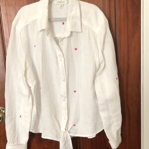 BeachLunchLounge White long sleeve Blouse with Red Heart Accents